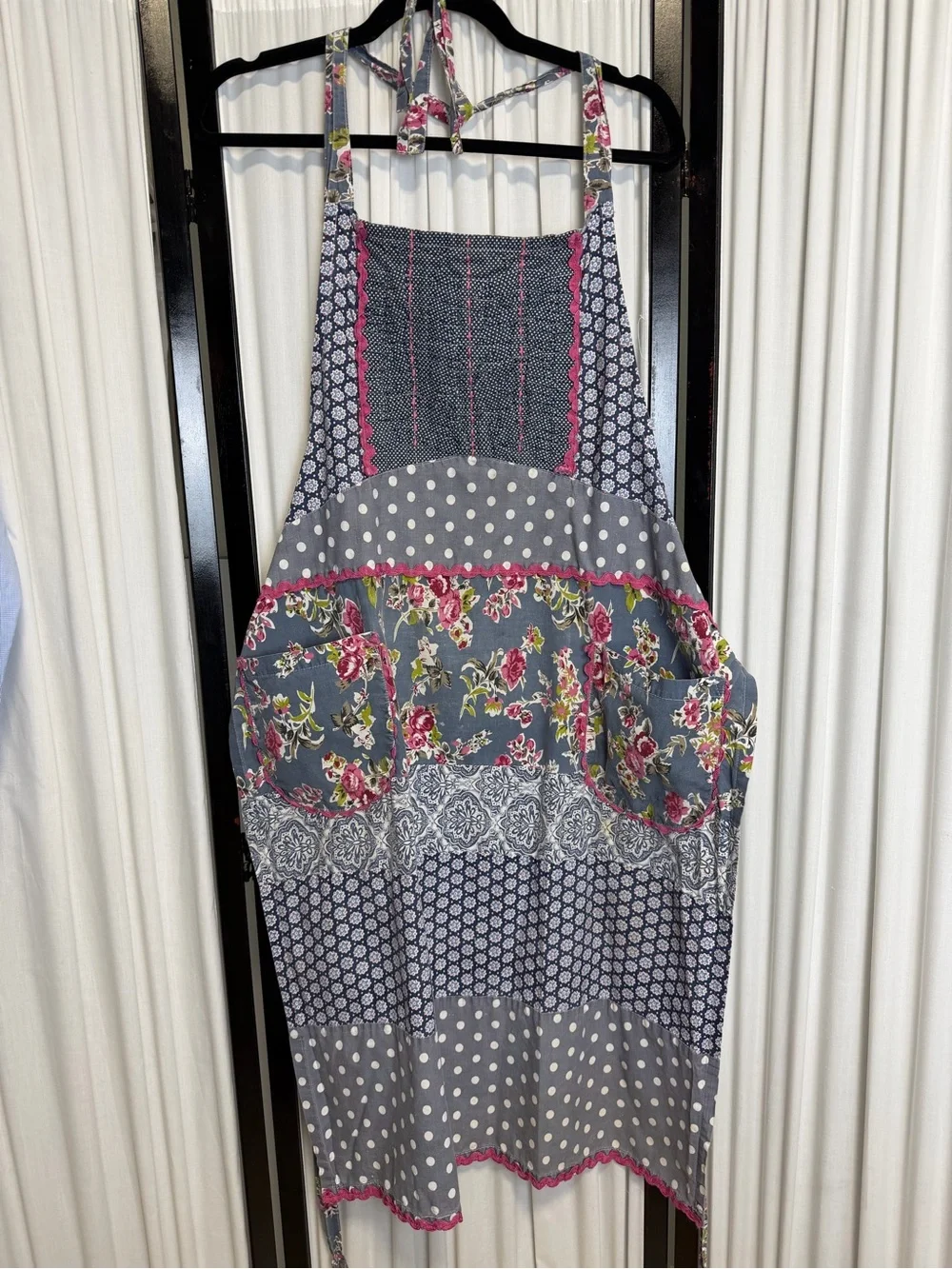 Sur La Table Navy and White Polka Dot Apron with Floral Trim